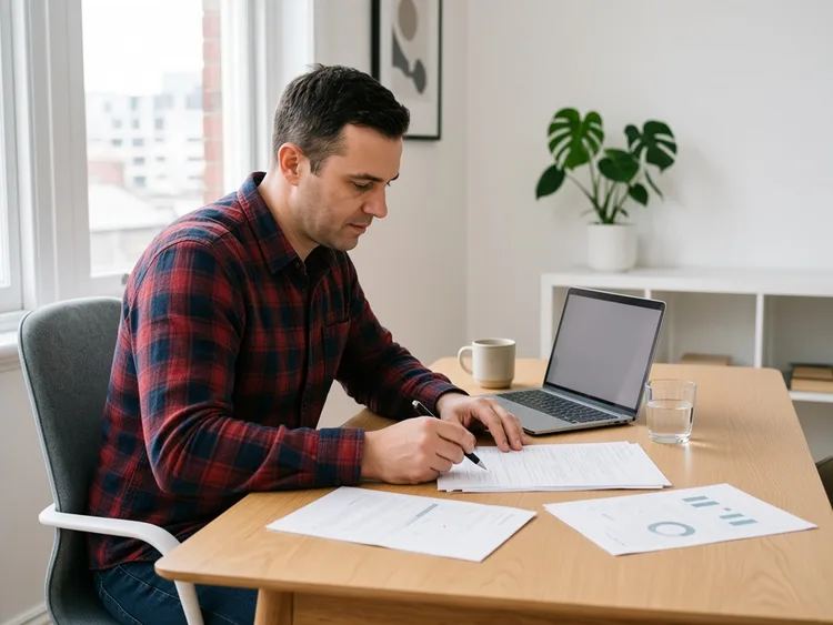 Independent contractor reviewing 1099 forms and invoices at a kitchen table
