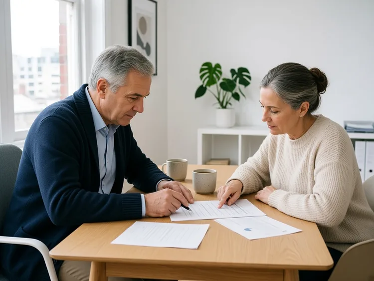 Retired couple reviewing investment statements at a dining table
