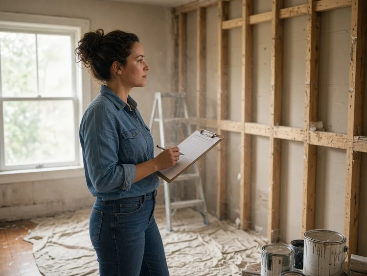 Real estate investor reviewing a renovation budget inside a house under rehab