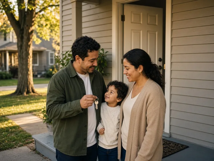 Young family holding the keys to their new home on the front porch