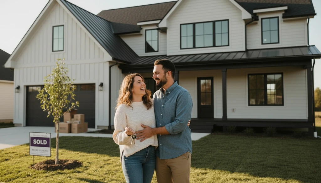 Couple looking happy in front of a home