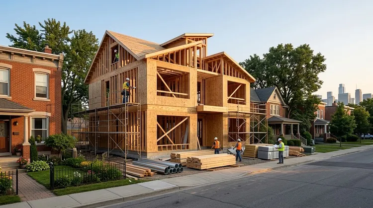 Newly built urban home on an owned lot, the kind of project FHA construction-to-permanent can finance with land equity