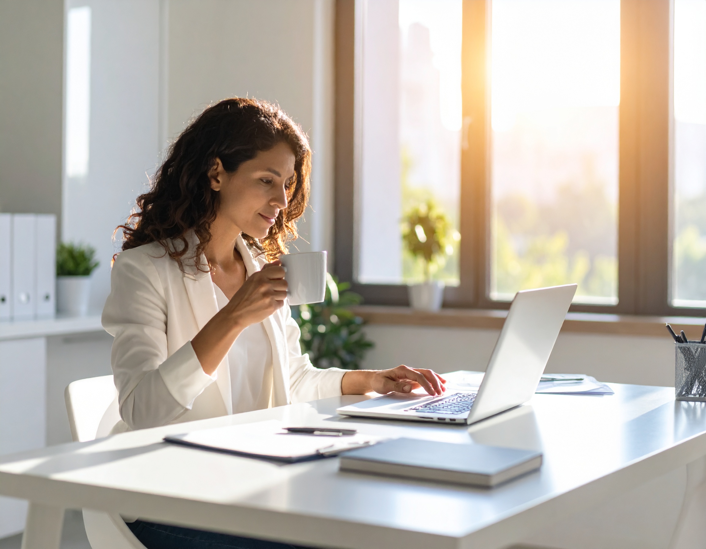 Professional woman managing finances at a clean, organized workspace