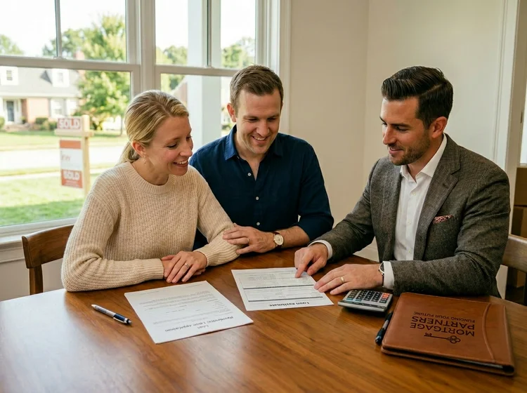 Couple meeting with broker, home for sale sign behind them outside