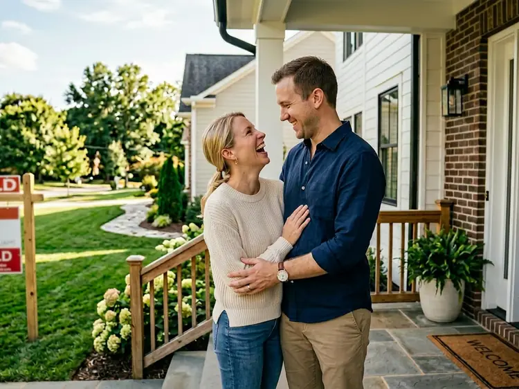 Couple smiling in front of the new home they bought with a $0-down USDA loan
