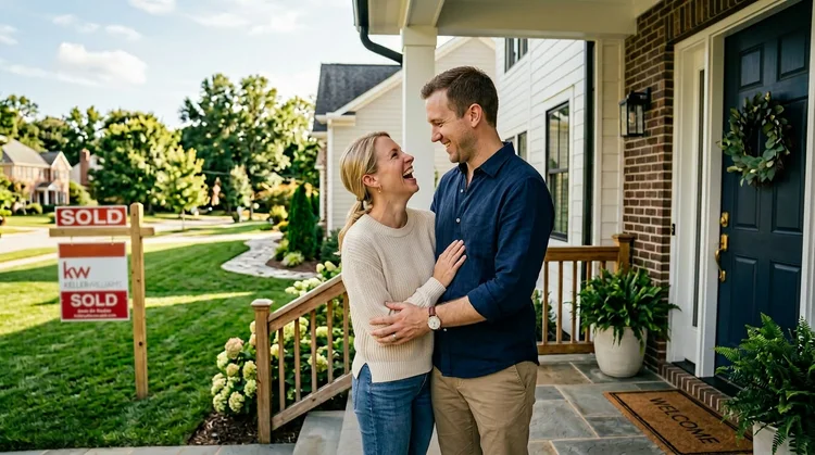 Couple standing in front of the custom home they built with a construction loan