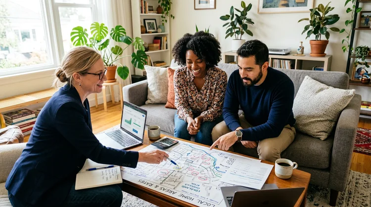 Diverse couple sitting in their living room meeting with a mortgage broker
