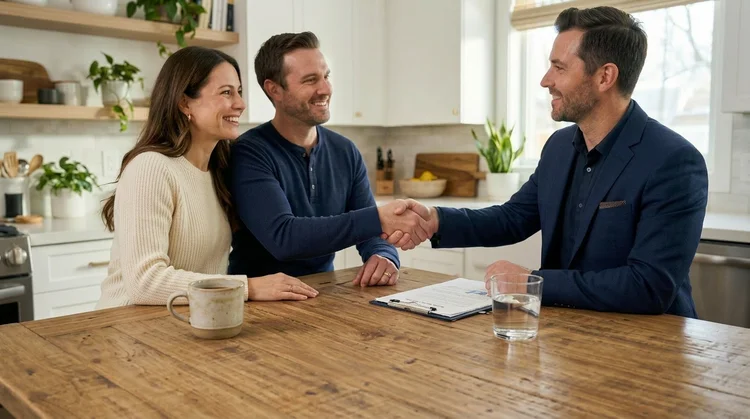Homeowner and broker shaking hands in kitchen
