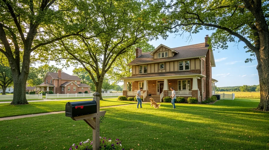 Single-family home in quiet small-town neighborhood with tree line