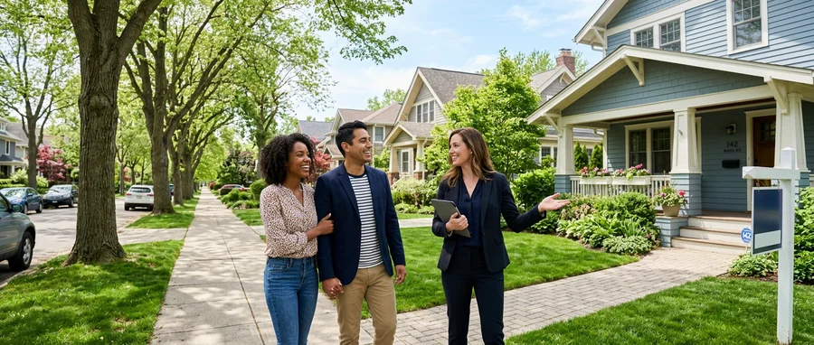 Diverse young couple with a real estate agent on a suburban street, looking at a single-family home