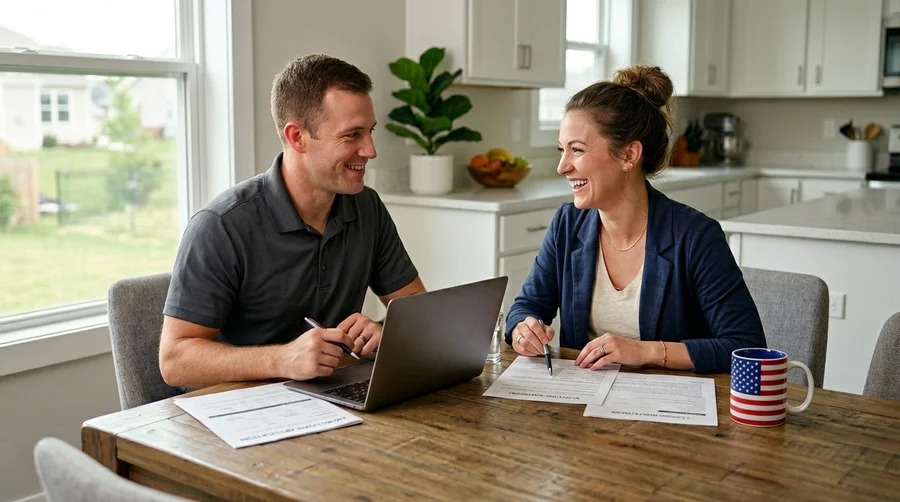 U.S. military veteran couple reviewing mortgage options together at their kitchen table