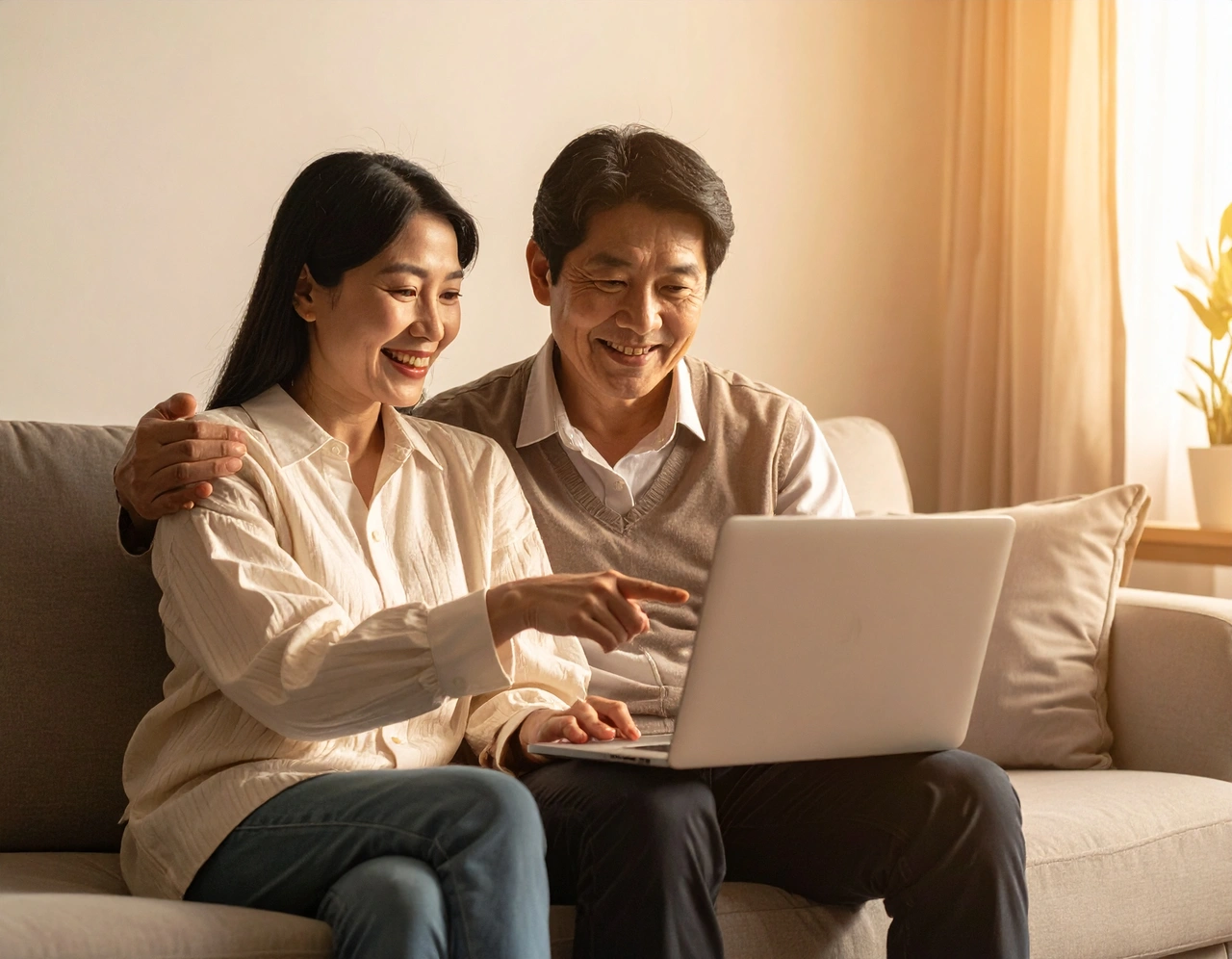Couple on sofa looking at laptop