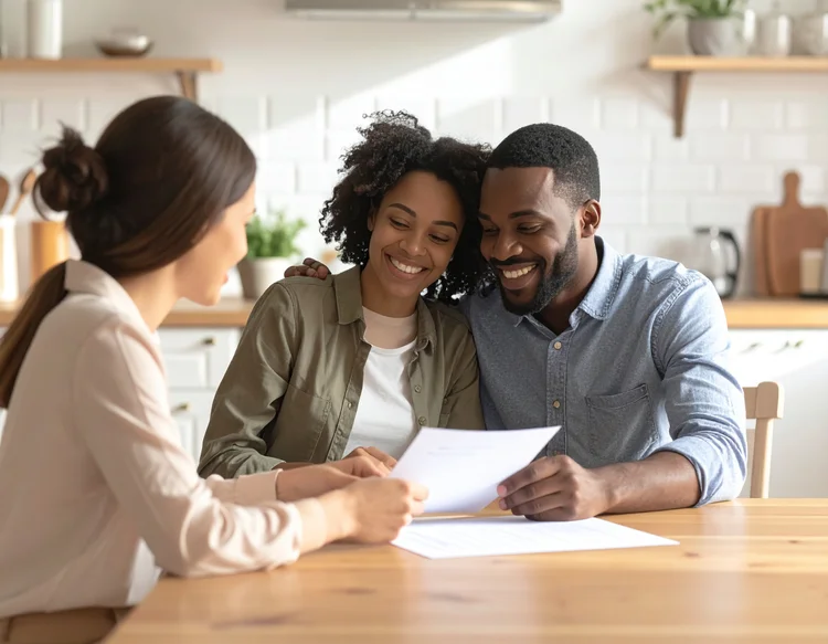 Young diverse couple in their late 20s sitting across from a mortgage broker at a bright table