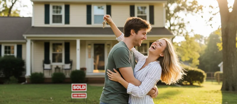 Young couple in their late 20s, candid moment in front of a charming suburban home