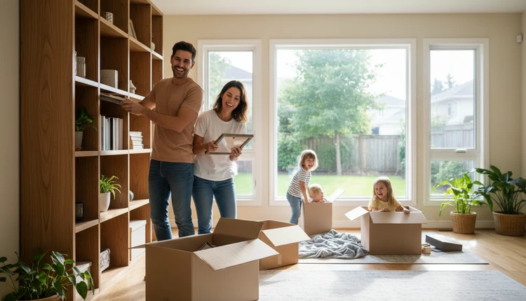 Happy family unpacking in new home