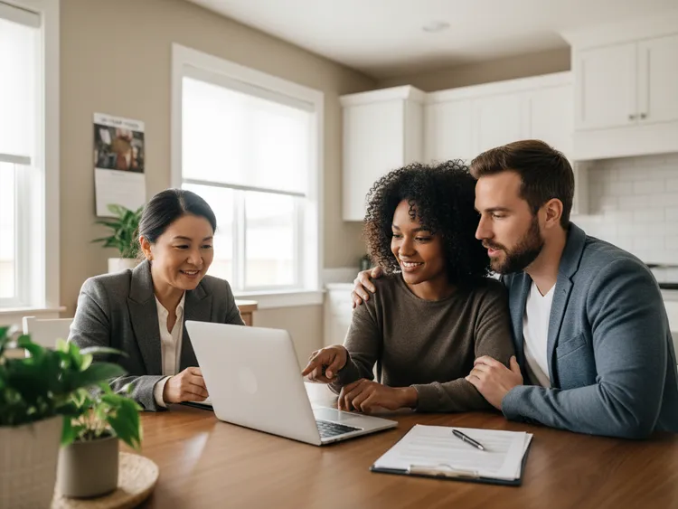 Diverse couple in their early 30s reviewing mortgage options at a kitchen table