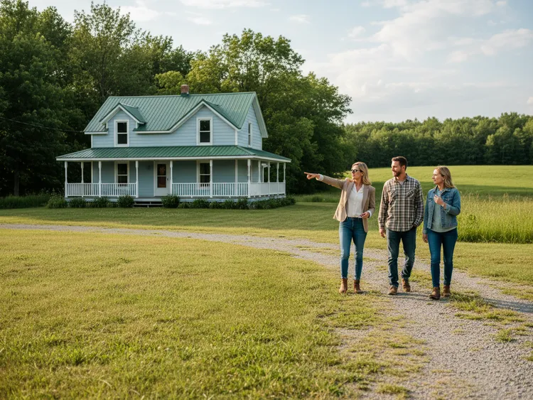 Real estate agent with two clients touring a rural property