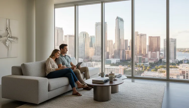 Young couple in modern high-rise condo living room, large windows with mid-level city view