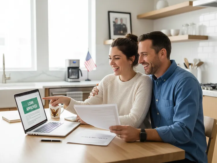 U.S. military veteran couple reviewing mortgage options together at their kitchen table