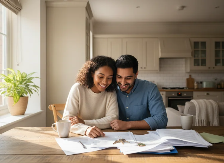 First-time homebuyer couple reviewing mortgage documents
