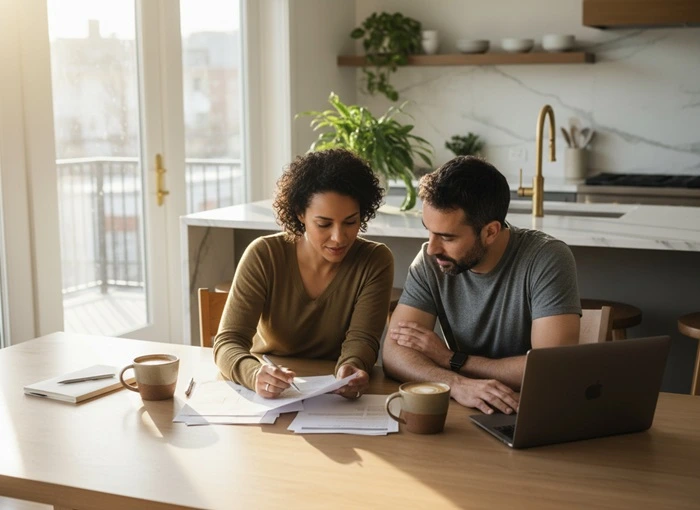 Diverse homeowner couple reviewing loan or home equity documents