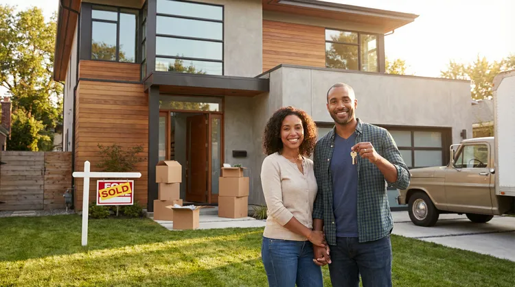 Couple in front of their new home