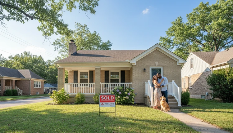 Young couple in front of a starter home — FHA construction loan financing