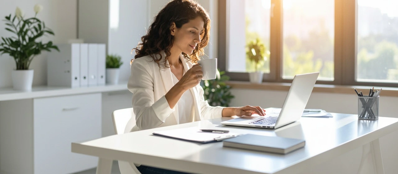 Woman drinking coffee at laptop at sunrise