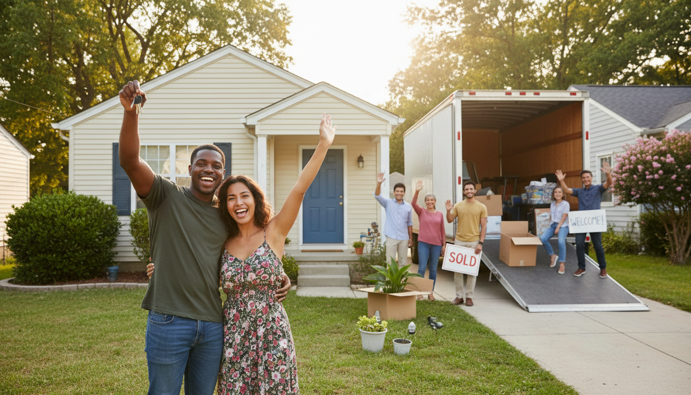 Young diverse couple celebrating in front of their new modest home on moving day