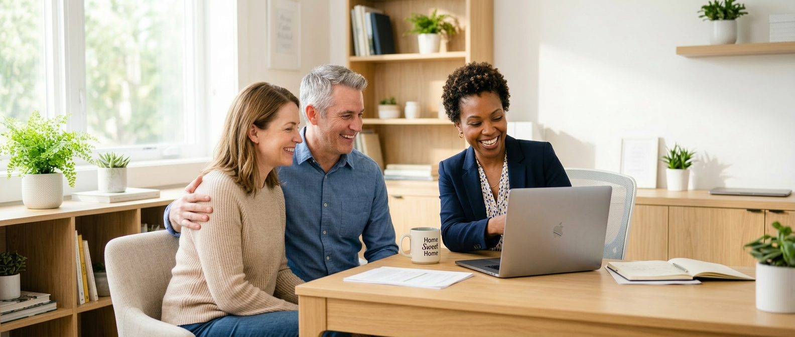 40s-50s couple meeting with mortgage broker in light, relaxed setting