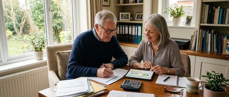 Senior couple at desk with calculator and papers