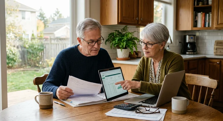 Mature couple reviewing documents at kitchen table