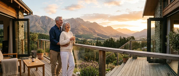 Mature couple on a porch overlooking a scenic view