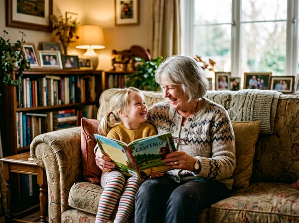 Grandparent and grandchild in a living room