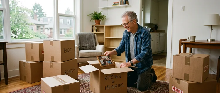 Senior man unpacking in a smaller apartment