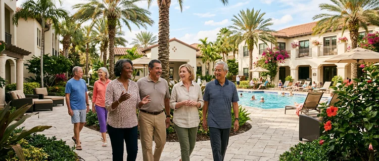 Seniors in a sunny community courtyard